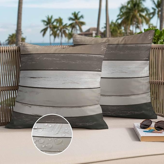 Outdoor Waterproof Pillow Covers Gray White Stripes Pack of 2 Lumbar Pillow Cover Wood Background Decorative Cushion Pillowcases for Patio Couch Bench Garden 20 x 20 Inches