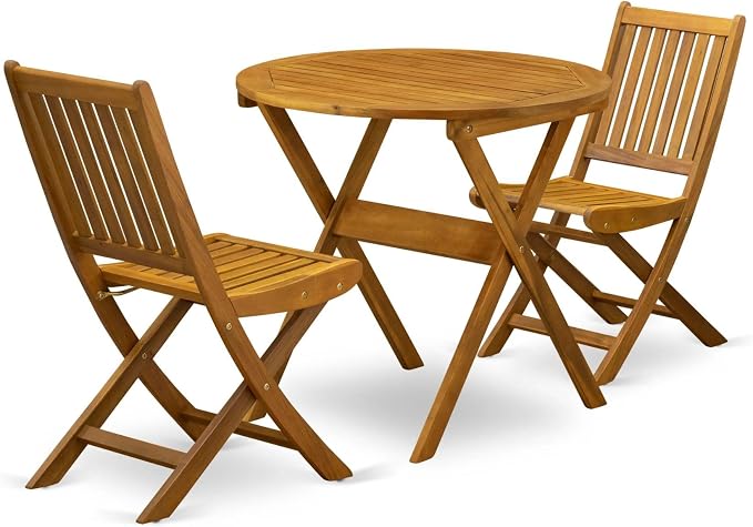 East West Furniture MNDK3CWNA 3 Piece Patio Bistro Sets Wood Folding Table Set Contains a Round Outdoor Acacia Wood Coffee Table and 2 Folding Side Chairs, 30x30 Inch, Natural Oil
