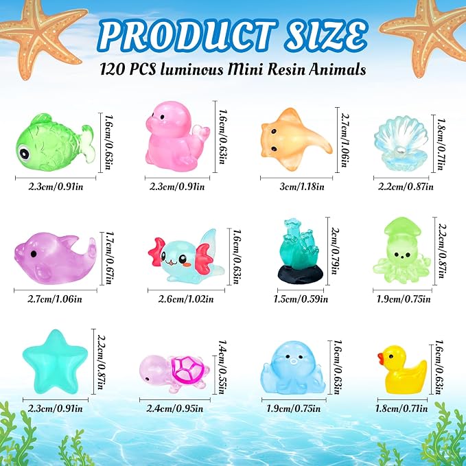 120 Pcs Luminous Mini Ocean Resin Animals Glow in The Dark Tiny Sea Animal Figures Marine Miniature Figurines for Crafts Micro Landscape Fairy Garden Aquarium Decoration