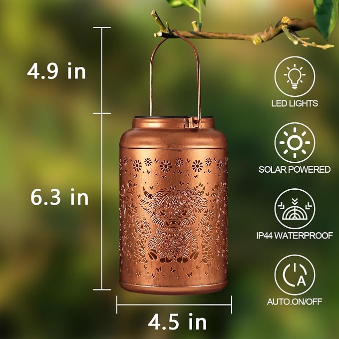 Solar Lanterns Outdoor Waterproof Garden Decor Gifts for Women Mom | Highland Cattle Metal Hanging Solar Lights Birthday Gifts for Grandma Mom Solar Decoration Outside for Yard, Patio, Porch