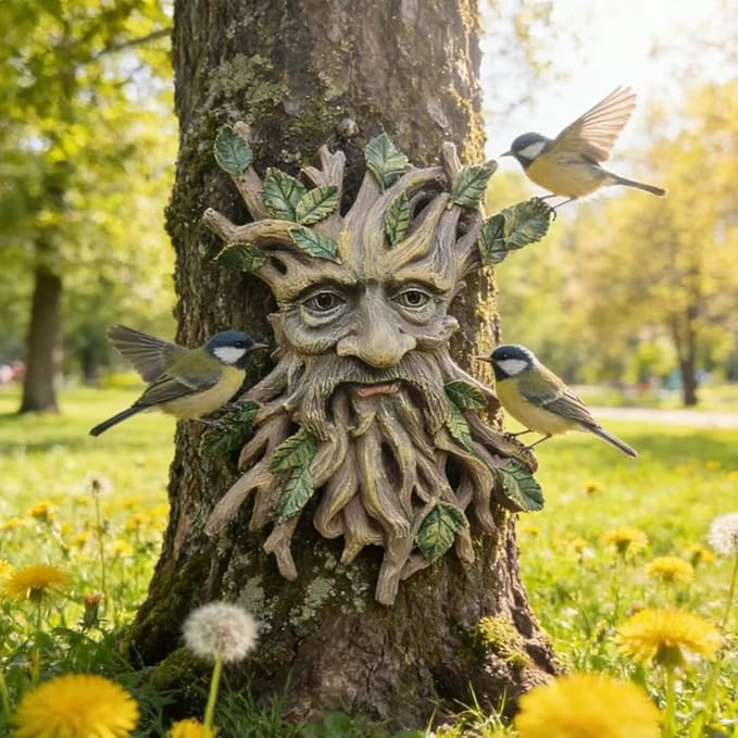 Whimsical Tree Face Garden Decoration ，Tree Faces Decor Outdoor Wallmounted Statue Art with Leaf Features, Outdoor Decor Garden Accessory (Nature and Outdoors)