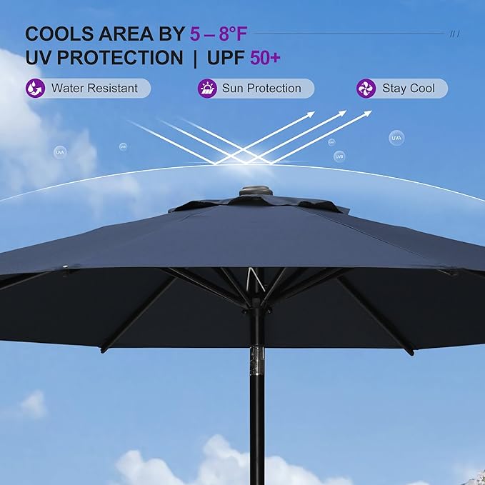 PURPLE LEAF 9' Round Patio Umbrella Outdoor Table Umbrella Aluminum Frame Market Umbrella with 8 Sturdy Ribs & Tilt for Garden Deck Lawn Pool Navy Blue