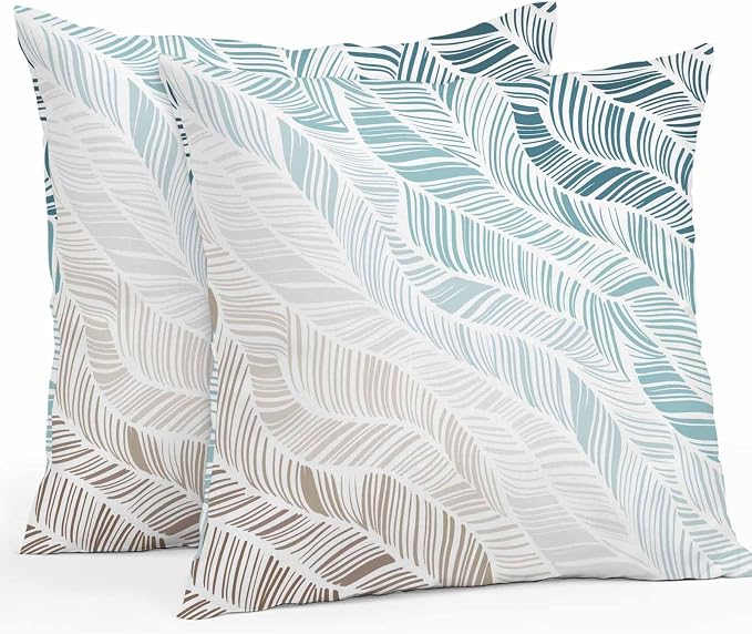 Vandarllin Outdoor Throw Pillows Covers 20x20 inch Set of 2 Waterproof Summer Beach Decorative Zippered Cushion Covers for Patio Furniture, Ombre Blue Abstract Leaf Lines Lumbar Pillowcases