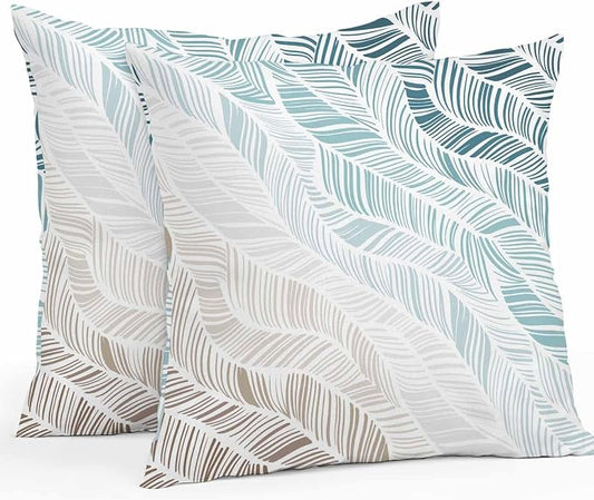 Vandarllin Outdoor Throw Pillows Covers 16x16 inch Set of 2 Waterproof Summer Beach Decorative Zippered Cushion Covers for Patio Furniture, Ombre Blue Abstract Leaf Lines Lumbar Pillowcases