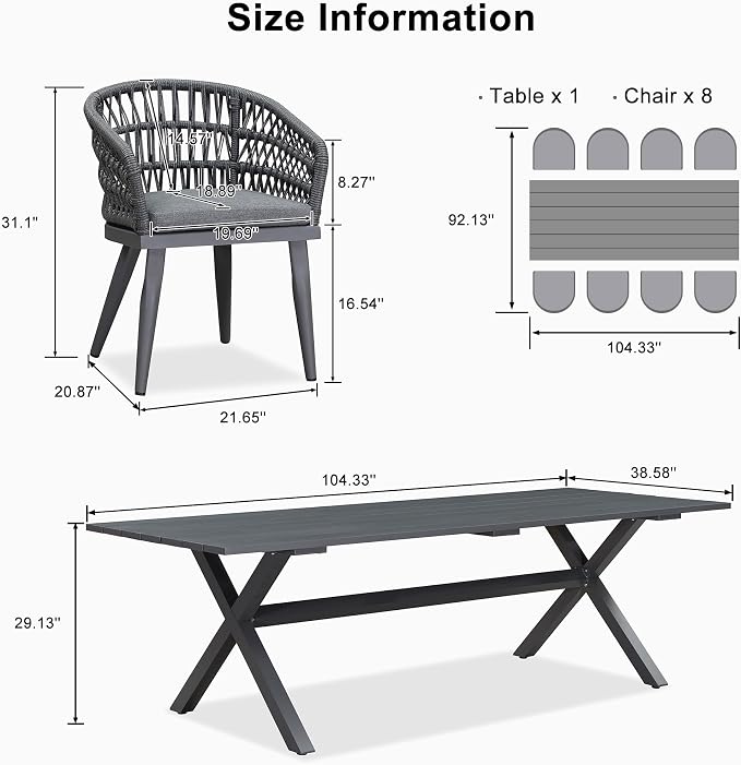 PURPLE LEAF Outdoor Dining Set All-Weather PE Rattan Outdoor Patio Dining Furniture Set with All Aluminum Frame Rectangular Table and 8 Chairs Set for Lawn Garden Backyard Deck, Grey