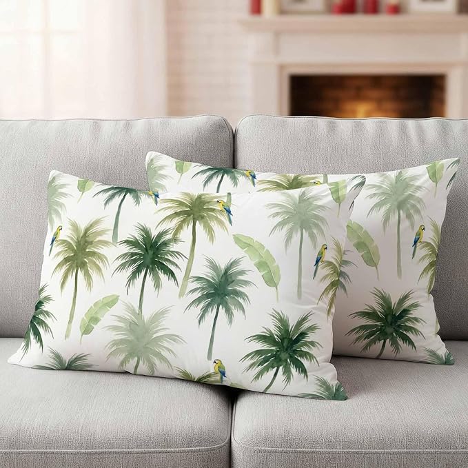 Yukro Summer Palm Tree Parrot Outdoor Waterproof Pillow Covers Pack of 2, Tropical Green Leaf Bird Throw Pillowcases Decorative Cushion Covers for Garden Patio Tent Sofa Couch, 20x12 inch