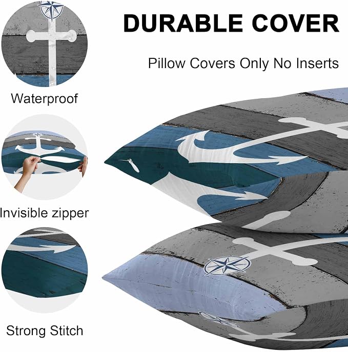 Chucoco Outdoor Waterproof Throw Pillow Cover Nautical White Anchor Decorative Pillows Cushion Covers Vintage Blue Grey Farm Wood Plank 2 Pack Pillow Cases for Patio Garden Balcony Couch Sofa 20x20In