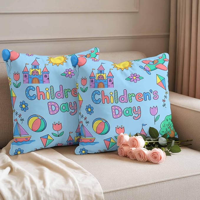 Pack of 2 Children's Day Outdoor Pillow Covers Decorative, Waterproof Pillow Protector, Airplanes Sailing Boats Tree Cartoon Blue Throw Pillowcases Accent Cushion Cases for Patio Couch Sofa 18"x18"