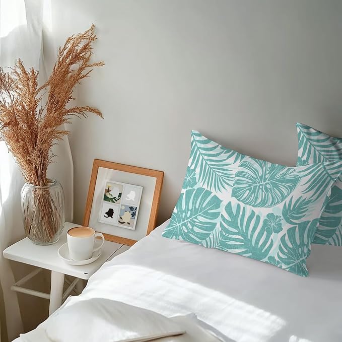 Aqua Teal Palm Leaves Outdoor Pillow Covers 20"x12" Set of 2, Tropical Botanical Minimalist Modern Waterproof Throw Pillow Covers for Patio Furniture, Decorative Cushion Covers for Porch