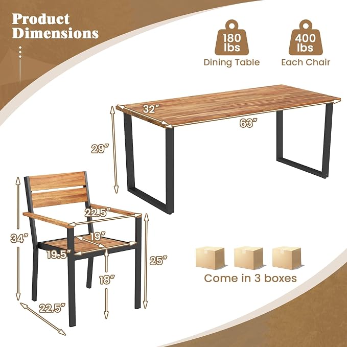 RELAX4LIFE 7-Piece Outdoor Dining Set - 63’’ Rectangular Acacia Wood Table w/6 Stackable Chairs & Metal Frame, Patio Furniture Set with Umbrella Hole for Garden Porch, Patio Table and Chairs Set for 6