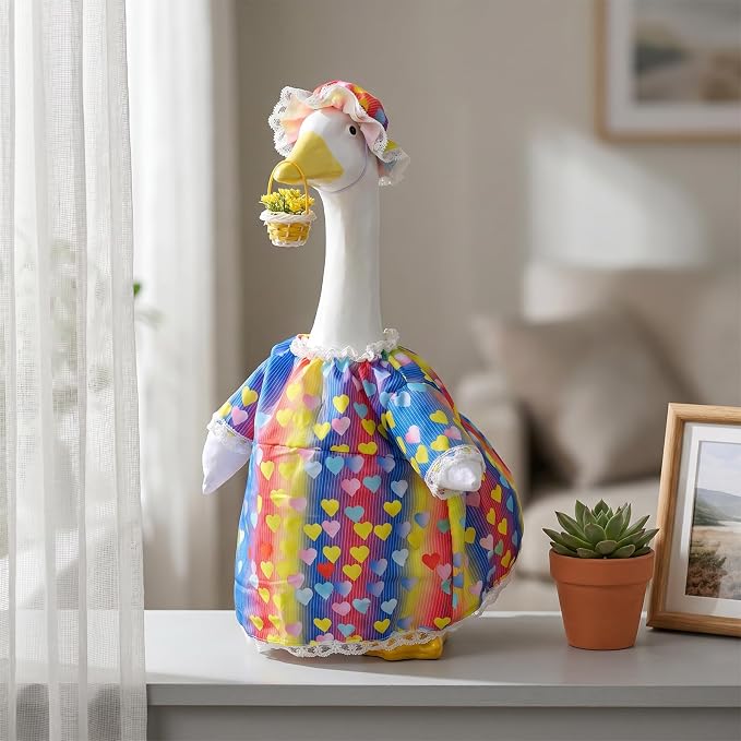 Funny 3-Piece Heart Print Porch Goose Outfits Set, Vintage Lace Trim Dress, Matching Bonnet & Flower Basket, Spring/Summer Yard & Lawn Goose Costume for 23" Statue, Outdoor Patio Garden Decoration