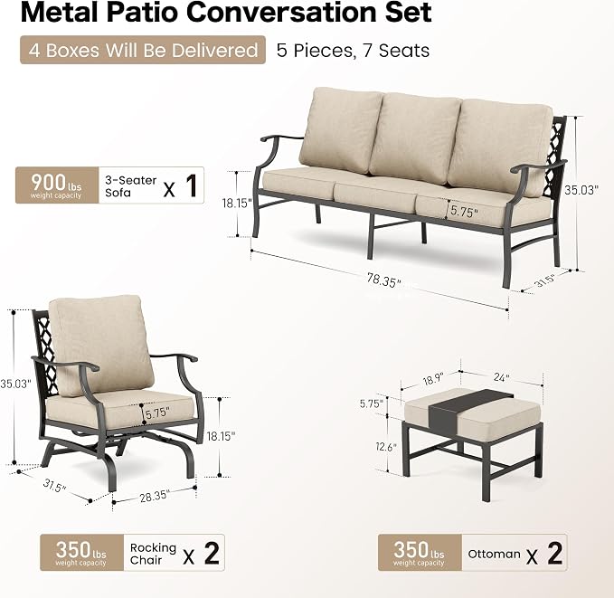 SUNSHINE VALLEY Patio Furniture Set, Modern Metal Outdoor Patio Furniture, 3 Seater Sofa, 2 Rocking Chairs, 2 Ottomans and 5.75" Extra Thick Cushion, Patio Conversation Set for Garden Backyard Deck