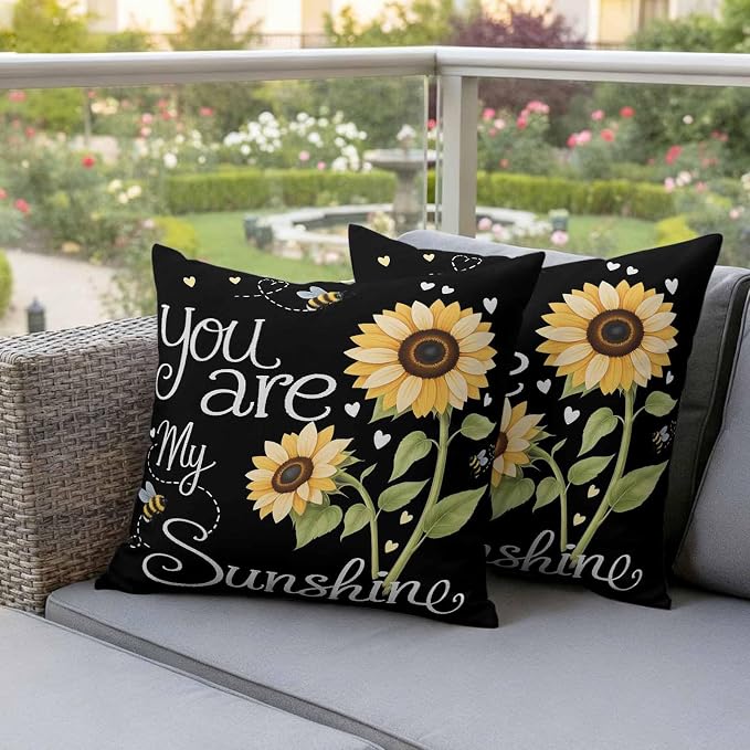 Outdoor Pillow Covers You are My Sunshine Words Decorative Throw Pillow Covers, Country Sunflowers Bees Throw Cushion Case with Zipper for Patio,Couch,Sofa,Garden 16x16in Set of 2