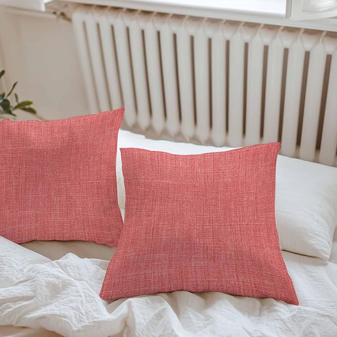 Vandarllin Outdoor Throw Pillows Covers 16x16 inch Set of 2 Waterproof Coral Red Linen Decorative Zippered Cushion Covers for Patio Furniture, Farmhouse Pure Color Lumbar Pillowcases