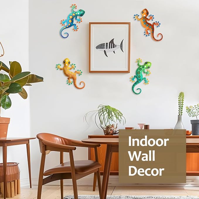 4 Pcs Metal Gecko Outdoor Decorations - Metal Lizards Wall Art Hanging Sculpture Decoration for Garden Yard Fence Porch Exterior Wall Decor
