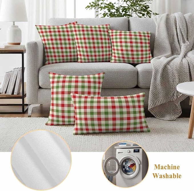 Outdoor Throw Pillow Covers,Vintage Pastoral Red Green Buffalo Gingham Waterproof Decorative Pillowcases Cushion Cover Christmas Plaid Pillow Cases for Patio Couch Sofa Bed,20x12in Set of 2
