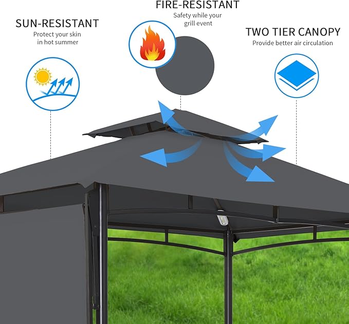 FAB BASED 5x8 Grill Gazebo with Extra Awning, All-Weather Steel Construction, Double Tiered & Resistant Canopy Roof, Metal Serving Shelves, 2 LED, Bottle Opener for Patio, Backyard, BBQ (Dark Gray)