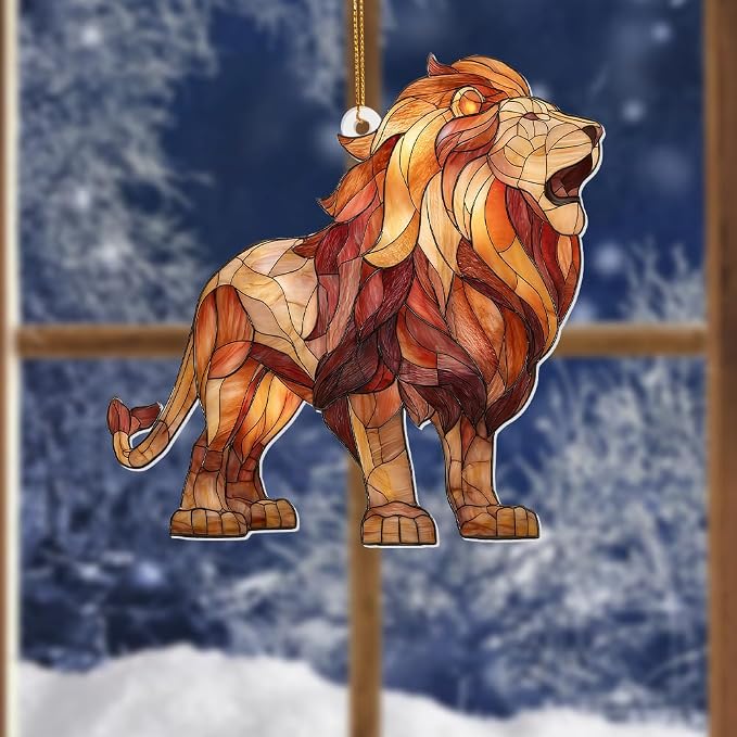 Lion Stained Glass Ornament Acrylic Window Hanging Sun Catcher – Wildlife Animal Decor for Christmas Tree, Rearview Mirror, Home & Car Accessories, Safari Gifts for Men Women, Symbol of StrengthSun-26