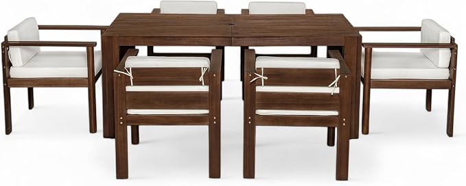 7-Piece Patio Dining Table Set for 6, Outdoor Furniture Sets with 71" Rectangle Table and Removable Cushions for Backyard, Garden, Poolside Deck (Beige+Mocha)