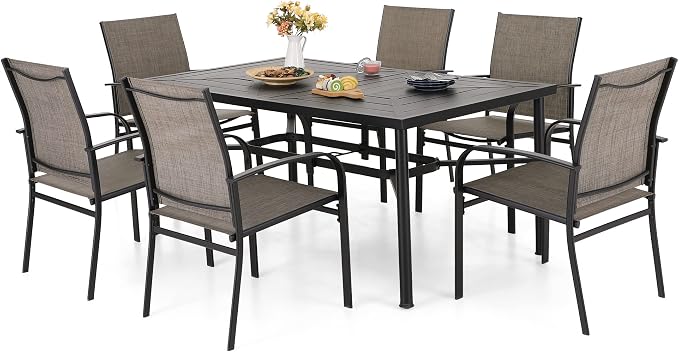 MIXPATIO 7 Pieces Patio Table and Chairs Set, Patio Dining Set for 6, 6 Textilene Chairs and 1 Metal Rectangle Dining Table with Umbrella Hole, for Deck Backyard Lawn Poolside, Brown