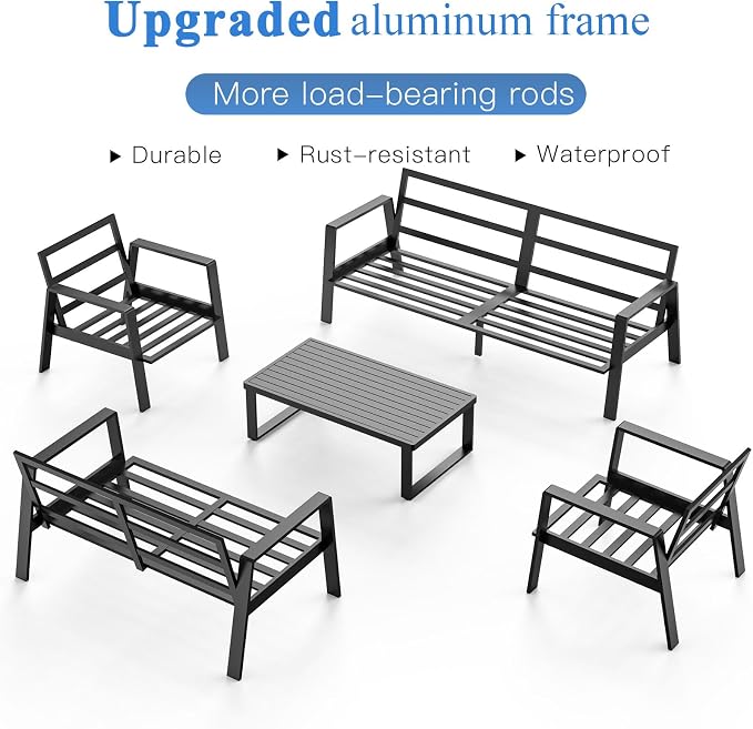 Aluminum Outdoor Patio Furniture Set, 5 Piece Sectional Coversation Sets with Coffee Table, Modern Outdoor Sofa Couch with Thick Cushions for Porch, Balcony, Garden, Blue
