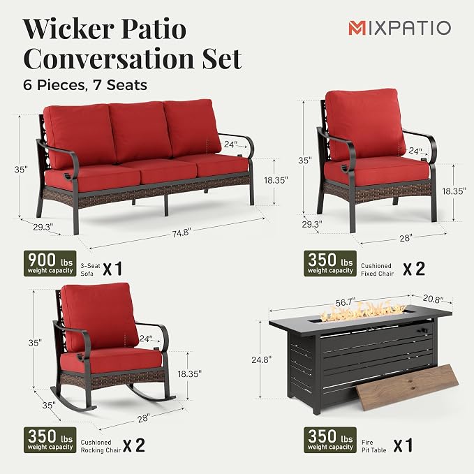 MIXPATIO Patio Furniture Set with Fire Pit Table, Metal Outdoor Conversation Set with 2 x Fixed Chairs, 2 x Rocking Chairs, 1 x 3-Seat Sofa for Lawn Garden Backyard, Red