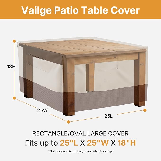 Vailge Rectangular/Oval Patio Table Cover, Heavy Duty and Waterproof Outdoor Lawn Patio Furniture Covers (Beige&brown, 25"Lx25"Wx18"H)