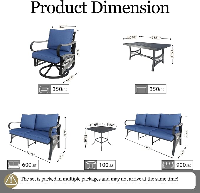 10 Pieces Patio Conversation Sets, All-Weather Metal Swivel Rocking Chairs with Rope Furniture Set, Outdoor Sofa Couch for Deck, Porch, Garden, Backyard, Poolside (Blue Cushions)