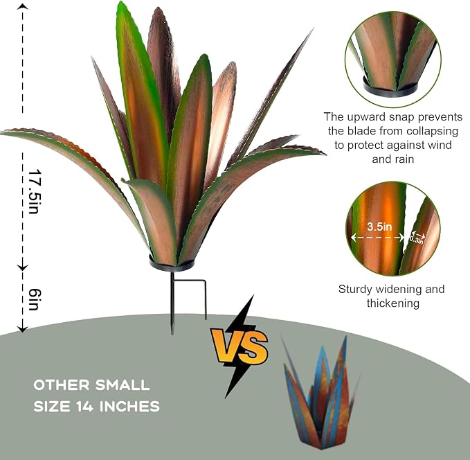 TOMBABY Enlarge Thickened Wind Resistant Metal Agave Garden Art Plant Country Sculpture Statue Outdoor Decoration Courtyard Lawn Ornament Gift (12 Leaves Green 1 pcs)