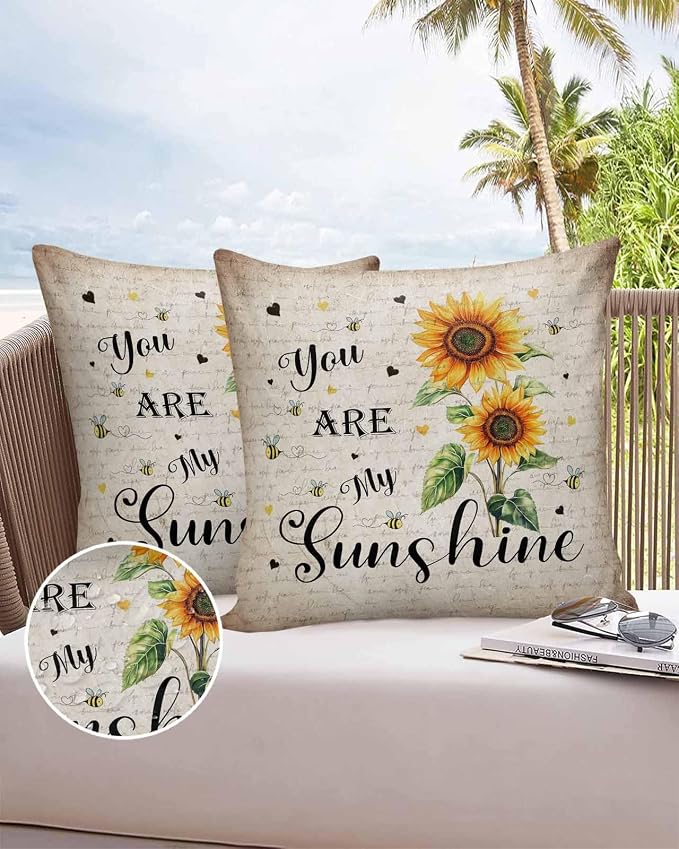 Sunflower Outdoor Waterproof Throw Pillow Covers 18"x18" Set of 2, Sunflower Bee Old Newspaper Background Decorative Garden Pillowcase with Zipper Retro Farmhouse Cushion Case for Patio Couch Tent