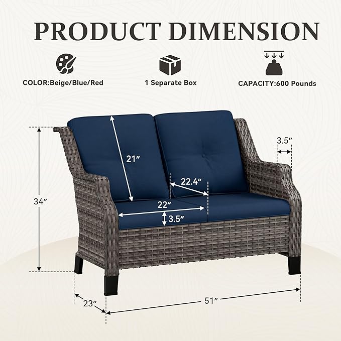 Outdoor Patio Loveseat, All-Weather 2-Seater Wicker Loveseat with Cushions, Outdoor Patio Love Seat Sofa for Garden, Balcony and Deck