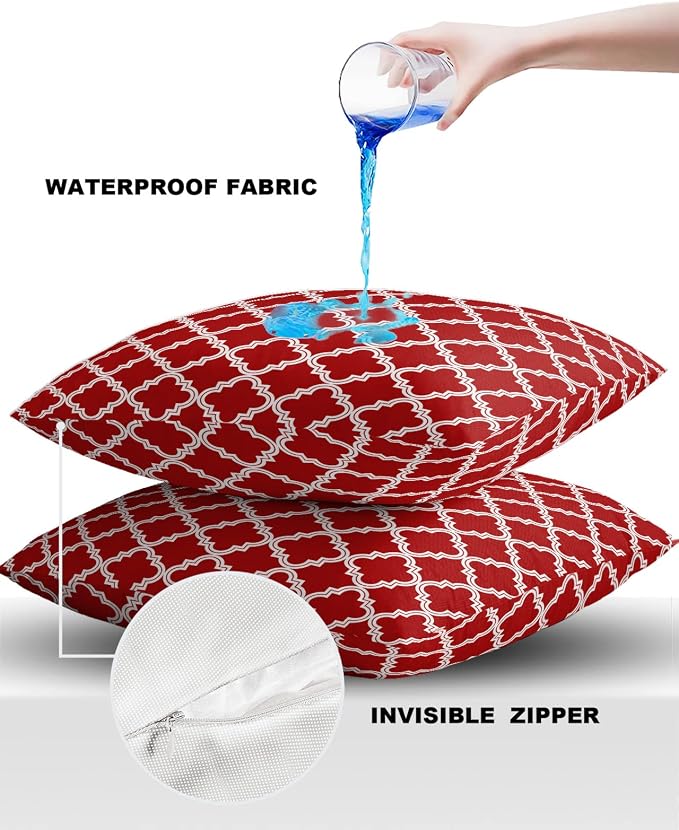 Outdoor Waterproof Pillow Covers for Patio Furniture Moroccan Pattern Decorative Throw Pillow Cover Geometric Trellis Red Pillowcases Set of 2 Cushion Case for Sofa Couch Chair Home Decor 18x18 inch