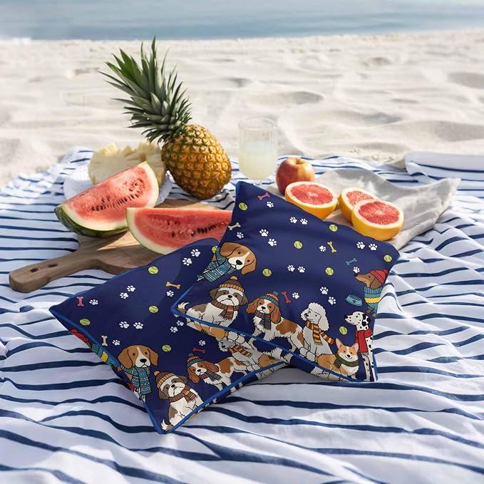 Cartoon Dogs Outdoor Pillow Covers 18x18 Inch Throw Pillow Covers Set of 2 Waterproof Decorative Pillow Cases Navy Blue Cute Animals Dogs Paws Prints Cushion Covers for Patio Furniture Garden Couch