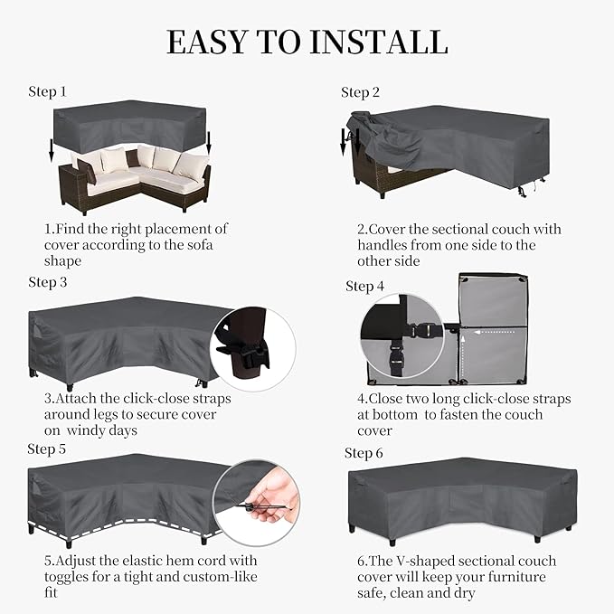 Easy-Going Patio V-Shaped Sectional Sofa Cover, Waterproof Outdoor Sectional Cover,Heavy Duty Garden Furniture Cover with Air Vent 100" L (on Each Side) x 33.5" D x 31" H, Dark Gray