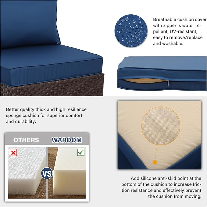 WAROOM Outdoor Patio Furniture Set 7 Pieces Wicker Sectional Sofa Brown Rattan Conversation Couch with Coffee Table, Anti-Slip Thick Nave Blue Cushion