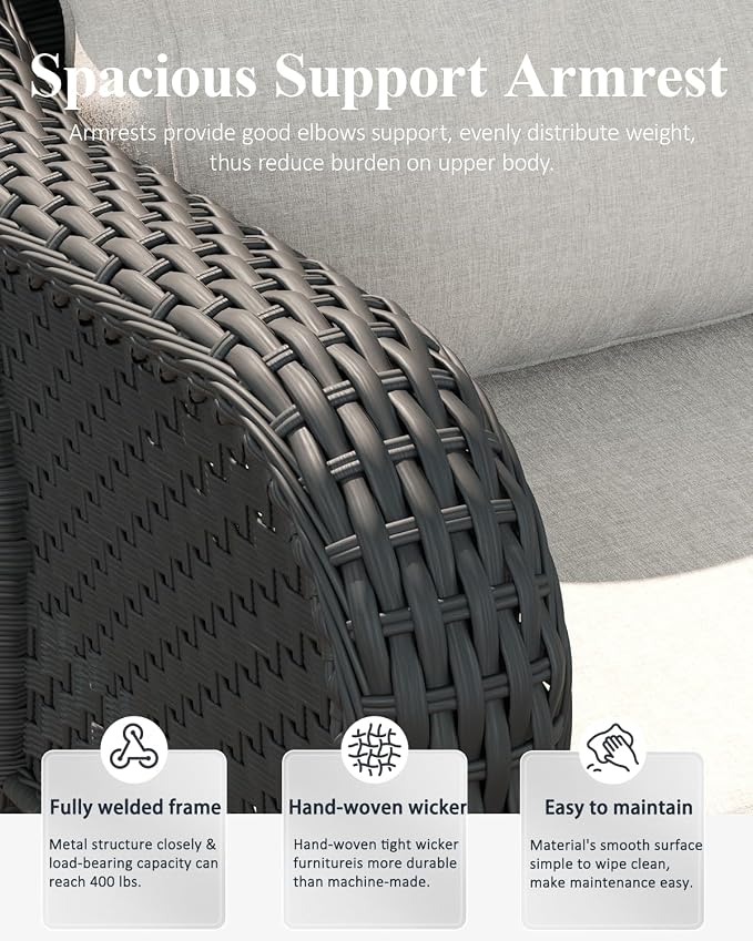 LayinSun 7 Piece Wicker Outdoor Furniture Set with 6-inch Comfy Cushions, High Back Patio Furniture Set with Swivel Rocking Chairs and Fire Pit Table