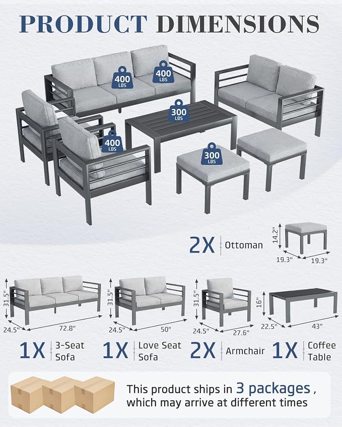 AECOJOY Aluminum Patio Furniture Loveseat, Modern Outdoor Furniture with Washable 5 inch Thick Cushion, Light Gray