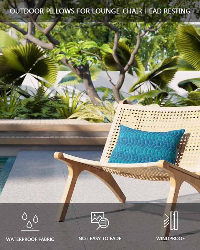 Outdoor Pillows Covers with Inserts Summer Abstract Geometric Ombre Blue Ocean Wave Waterproof Pillow with Adjustable Strap Throw Pillows for Patio Furniture Recliner Lounge Chair, 12x20 inch, 2PCS