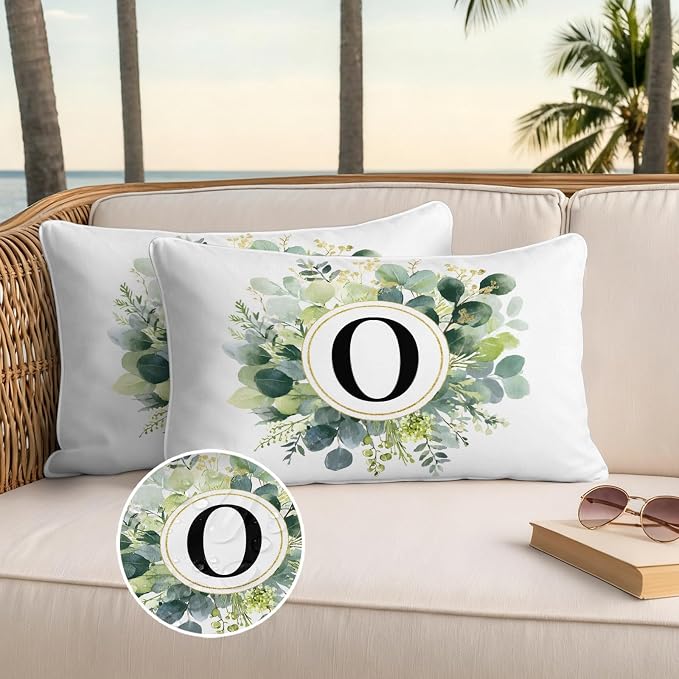 Letter O Waterproof Outdoor Pillow Covers Set of 2 Home Decor, Alphabet Green Eucalyptus Leaves Lumbar Pillowcase Patio Pillow Covers for Couch Bench Patio Furniture Garden 20x12in