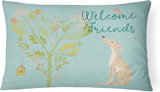 Caroline's Treasures BB7591PW1216 Welcome Friends Brindle Greyhound Canvas Fabric Decorative Pillow Machine Washable, Indoor Outdoor Decorative Pillow for Couch, Bed or Patio, 12HX16W