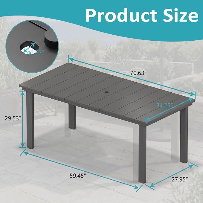 ROCSUMOO Outdoor Dining Table, 70" HDPE Dining Table with Umbrella Hole for 6-8 (Grey)