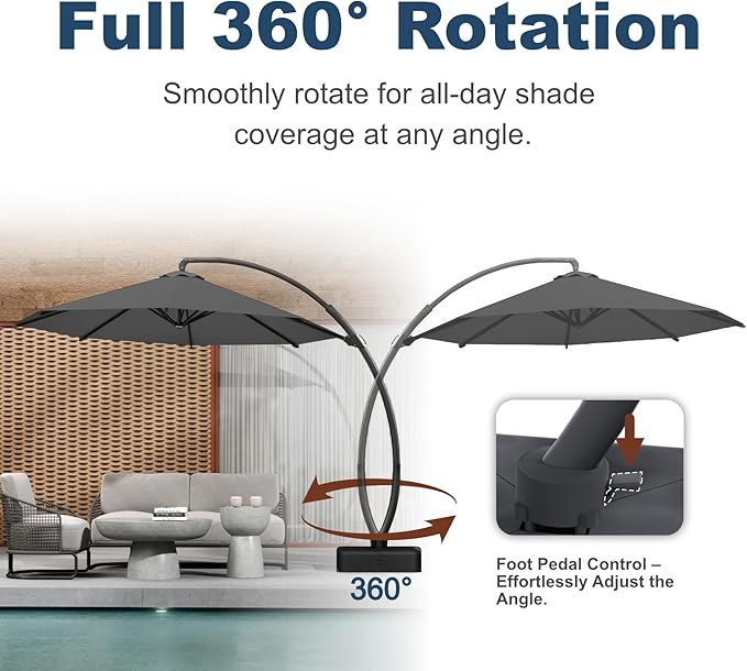 12FT Cantilever Umbrella with Base Large Curvy Outdoor Aluminum Offset Umbrella w/ 360° Rotation, UV Resistant Canopy for Patio, Garden, Backyard, Grey