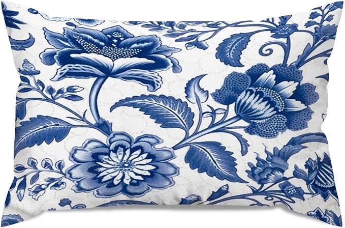 Set of 2 Blue and Ivory Indigo Floral Pillow Cases 12x18in Cushion Covers Farmhouse Pillows Covers for Couch Living Room Office Soft Rectangle Accent Pillowcase for Kids