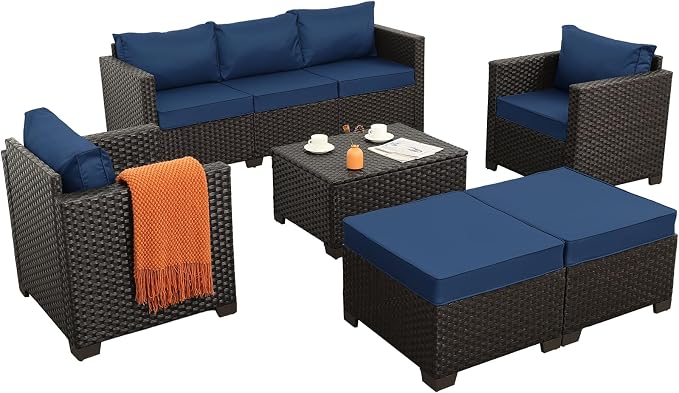Rattan Star 6 Pieces Patio Outdoor Furniture Conversation Sets Patio Wicker Sofa Set with Outdoor Couch Patio Chairs and Storage Table Non-Slip Cushions Waterproof Covers, Navy Blue