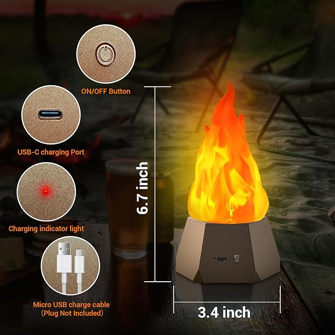 Ollcuz LED Flame Lights, Rechargeable Battery Flameless Candles, Fake Fire with Flickering Flame, LED Night Light for Kids Bedroom Outdoor Camping Party Bar Table Christmas Decorations, 2 Pack