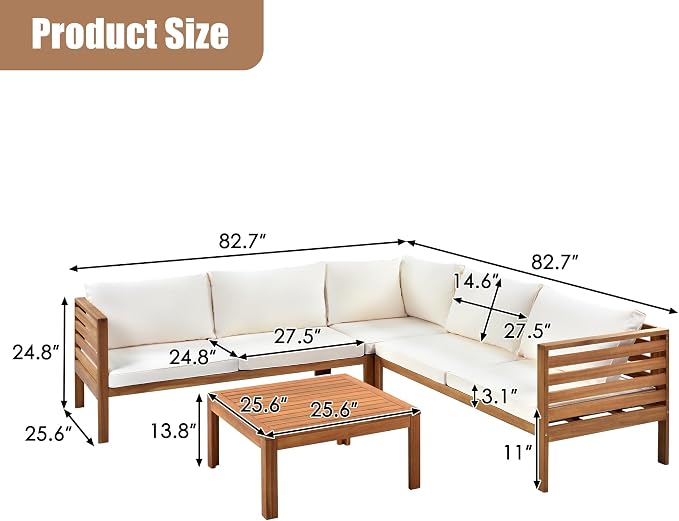 Outdoor Patio Conversation Furniture Set, Acacia Wood Sectional Sofa Set with Coffee Table, 4 Piece Outdoor Sofa Set with Two-person Sofa and Corner Sofa for Backyard (Natural log+Beige Cushions)