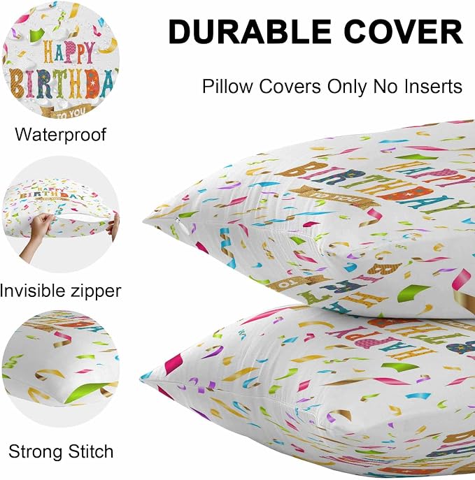 Vandarllin Outdoor Throw Pillows Covers 16x16 inch Set of 2 Waterproof Happy Birthday Decorative Zippered Cushion Covers for Patio Furniture, Colorful Ribbon Celebration Lumbar Pillowcases