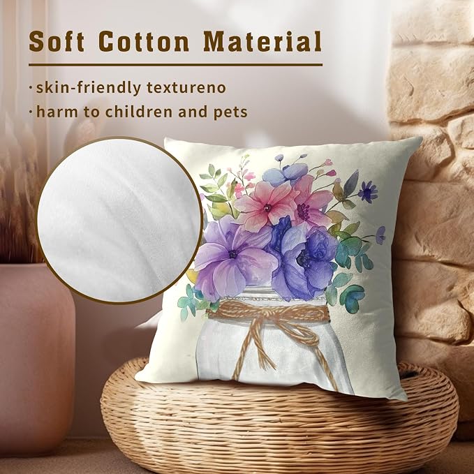 Summer Floral Throw Pillow Covers 18x18 Inch Set of 2 Purple Pink Wildflower Summer Flower Leaf Decorative Cushion Cases for Sofa Couch Bed Home Outdoor Decorations