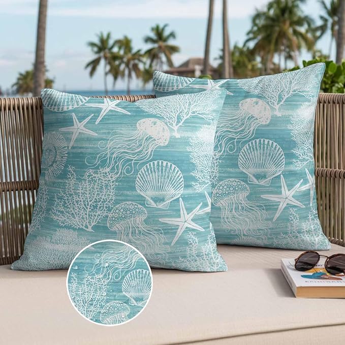 Teal Coastal Outdoor Waterproof Throw Pillow Covers Set of 2, 18"x18", Nautical Starfish Jellyfish Coral Summer Decorative Pillow Covers Outside Cushion Case for Patio Porch Garden