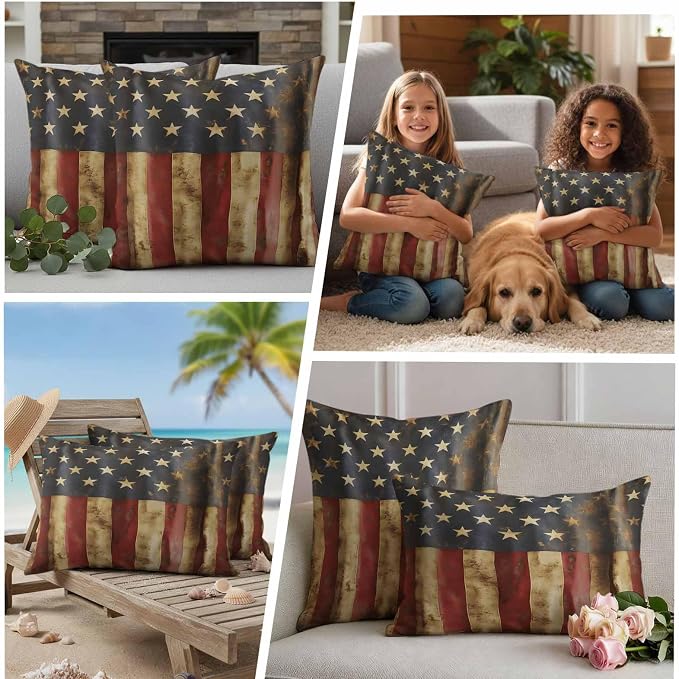 Vintage American Flag Outdoor Pillow Covers Set of 2 USA Patriot Waterproof Throw Pillow Cover Decorative Cushion Cases for Patio Porch Garden 20X12 Inch